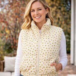 Altard State Corduroy Floral Puffer Vest Size L Cream Yellow Green Cropped Zip